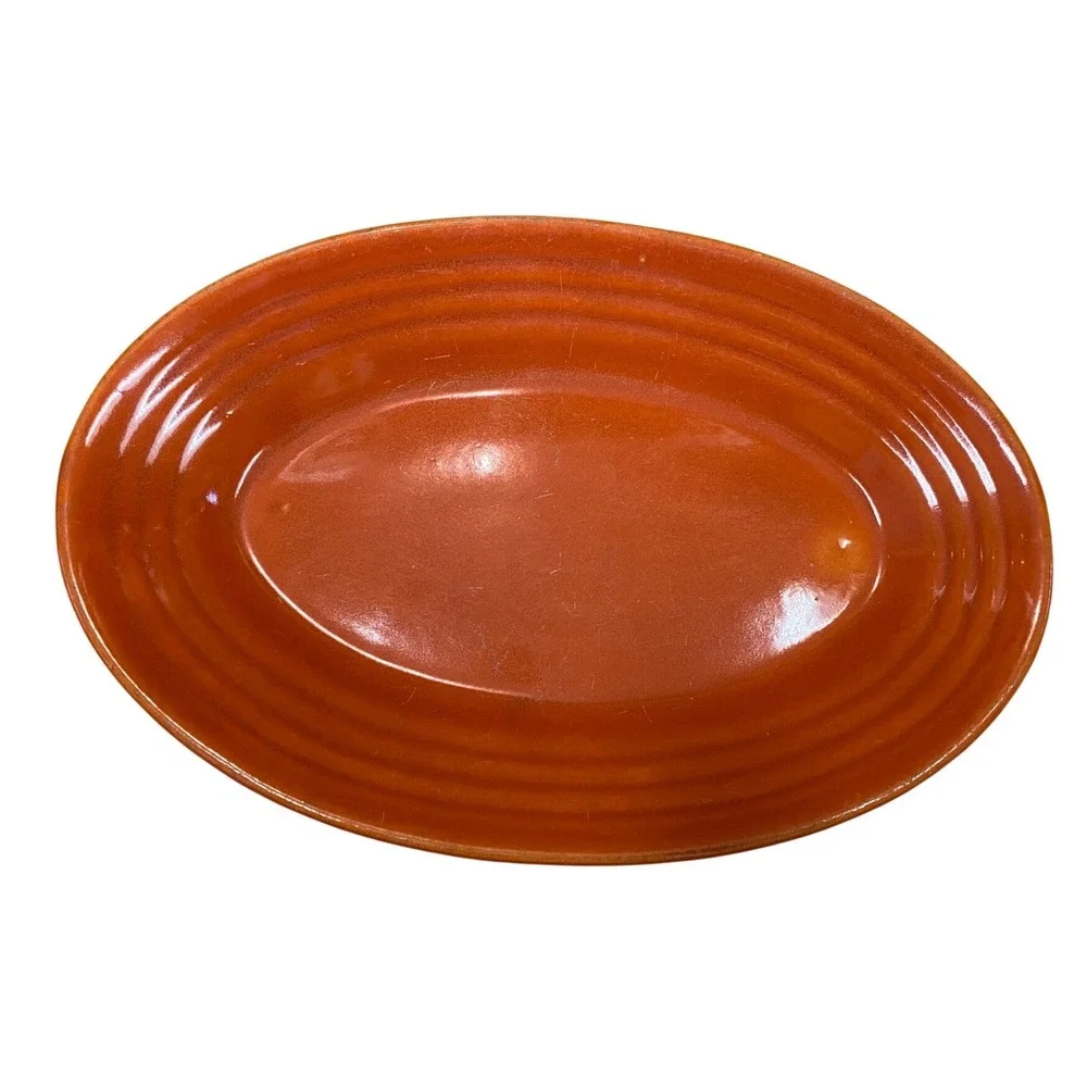 Bauer Pottery Los Angeles Burnt Orange Ringed Oval Platter Serving Dish Vintage